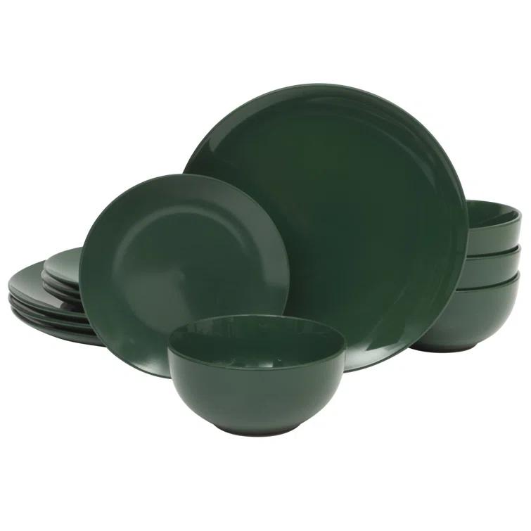 Gibson Home Gibson Home Dining Essential (Service for 4) 12 Piece Plates and Bowls Porcelain Solid Color Dishes  Ceramic Dinnerware Set - Hunter Green