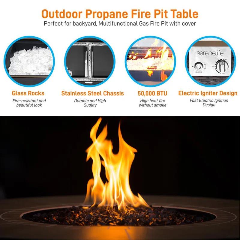 SereneLife 24.8" H x 43.31" W Propane Outdoor Fire Pit Table