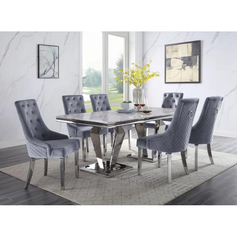 Everly Quinn Eardie Rectangular Dining Table in Light Gray and Mirrored Silver