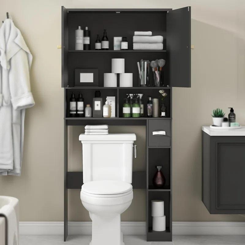 Bayou Breeze Over The Toilet Storage Cabinet, Rattan Storage Cabinet with 2 Doors & Toilet Paper Holder Stand, Freestanding Toilet Rack Space Saving and Adjustable Shelf