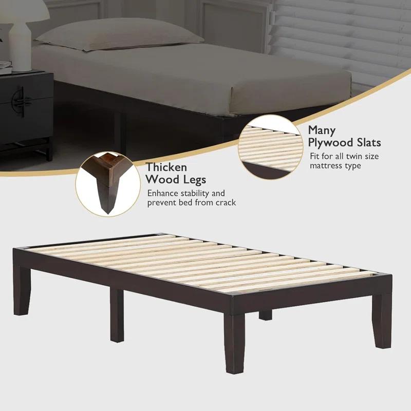 Blooming Espresso Twin Size Solid Wood Platform Bed Frame, 14-Inch Height With Slat Support