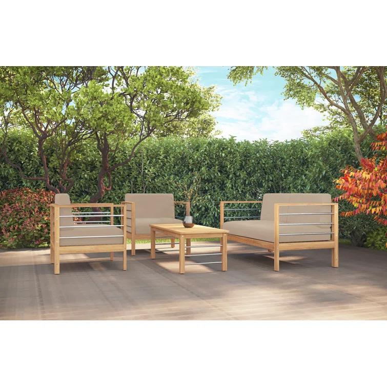 Loon Peak® Joriene 3-Person Teak Outdoor Sofa with Sunbrella Dupione Cornsilk Cushion