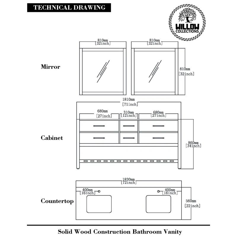 Willow Collections Parker 72'' Double Bathroom Vanity with Top