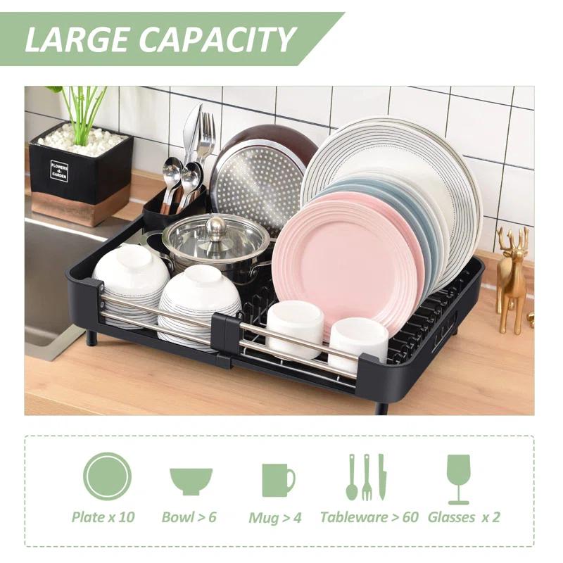 EDGAR'S FURNITURE MANUFACTURING INC Dish Drying Rack For Kitchen Counter, Extendable Dish Rack With Drainboard, Collapsible Dish Strainer With Cutlery Holder, Foldable Home Countertop Plate Storage Rack