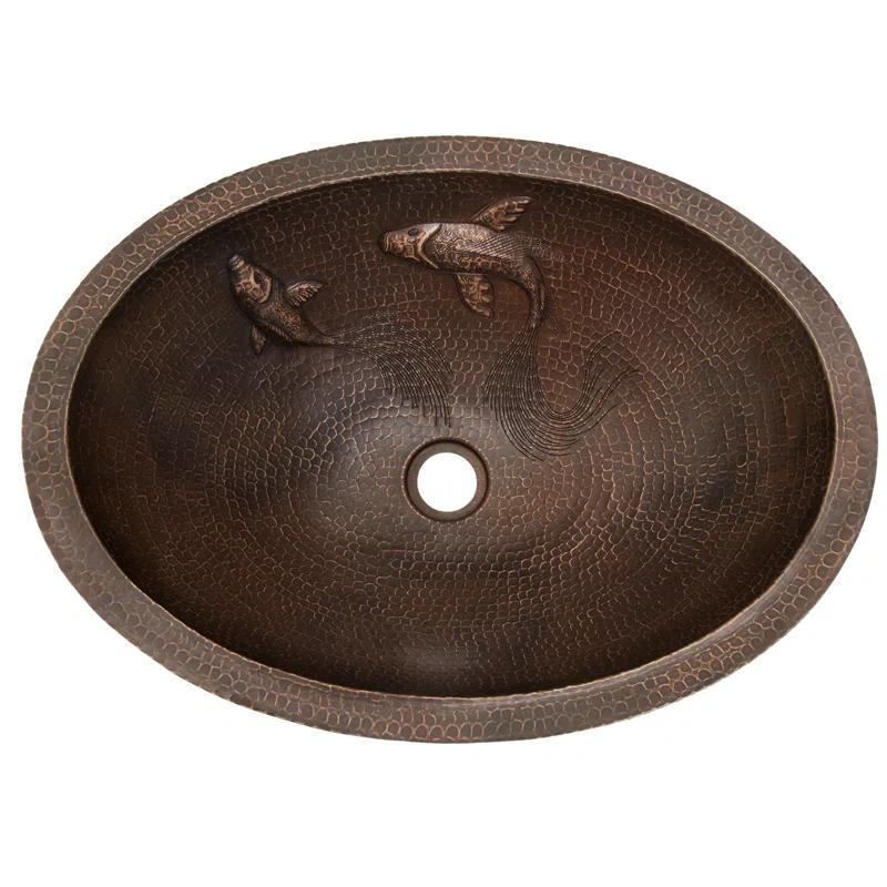 19" Oval Under Counter Hammered Copper Bathroom Sink with Koi Fish Design
