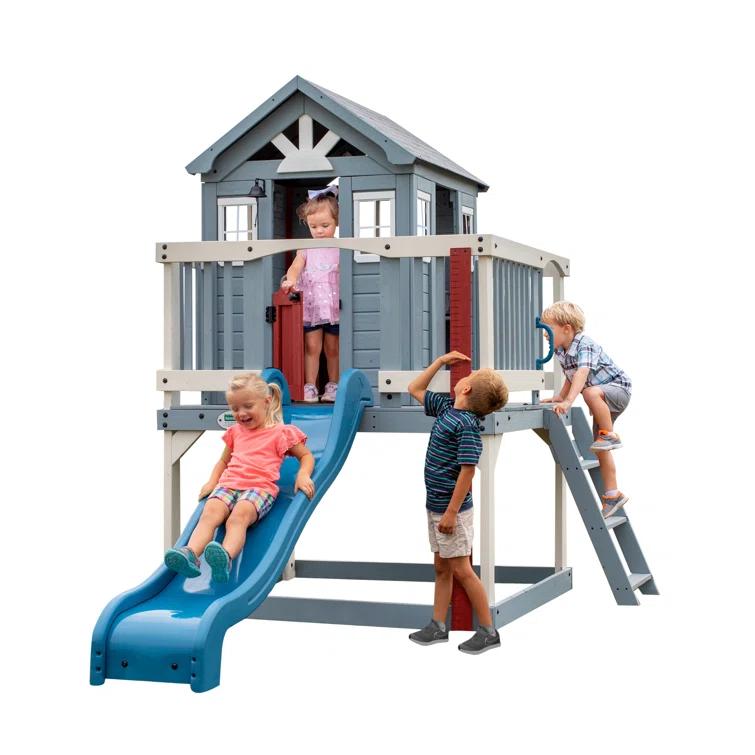 Backyard Discovery Backyard Discovery Beacon Heights Cedar Wooden Elevated Kids Playhouse with Wave Slide, Play Kitchen, and Deck