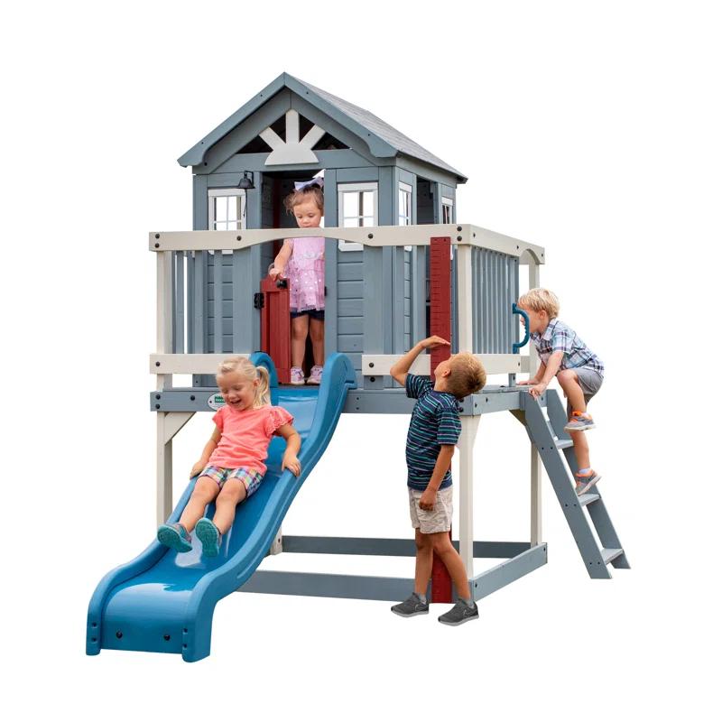 Backyard Discovery Backyard Discovery Beacon Heights Cedar Wooden Elevated Kids Playhouse with Wave Slide, Play Kitchen, and Deck