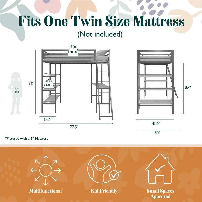 Max & Finn Nova Twin Metal Platform Loft Bed with Built-in-Desk