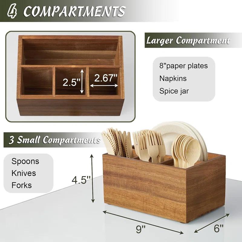 Loon Peak® Utensil Caddy, Silverware Caddy For Party, Acacia Wood Silverware Holder, Silverware Organizer Countertop, Cutlery Storage Containers For Kitchen Table