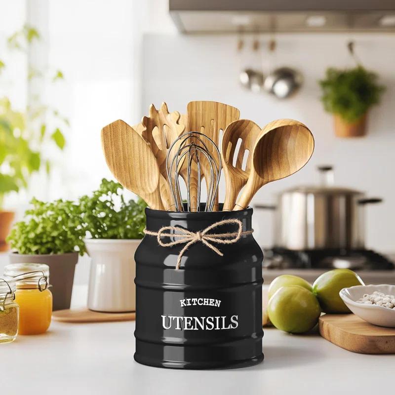 Red Barrel Studio® Ceramic Farmhouse Utensil Holder For Kitchen Counter, Large Rustic Utensil Crock, Countertop Cooking Tool Spatula Organizer, 6.75” (Black)