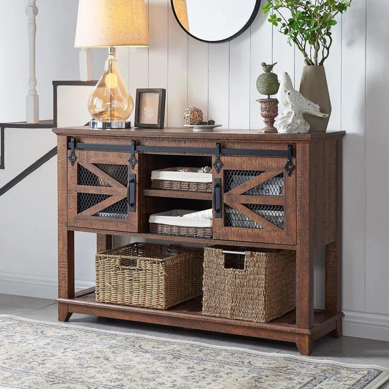 Rosalind Wheeler Entryway Table w/Sliding Barn Doors, 46'' Farmhouse & Industrial Console Table with Storage, Rustic Sofa Table w/Adjustable Shelf & Open Shelf for Entryway, Hallway, Livingroom, Reclaimed Barnwood