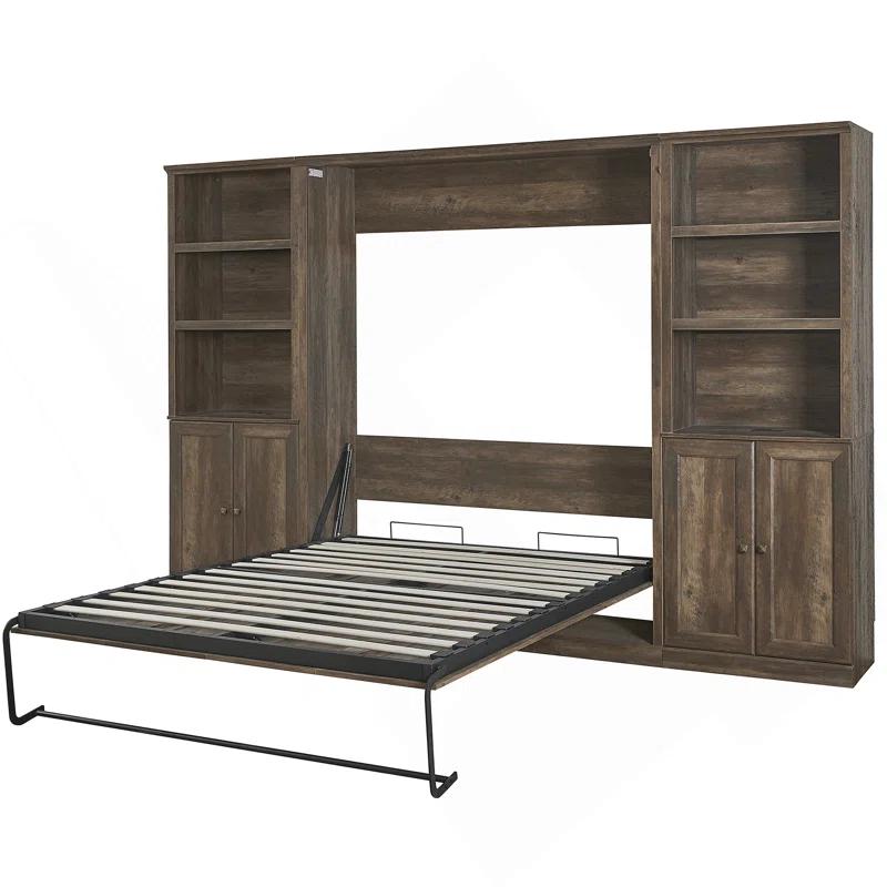 LOONGFIELD Full Size Half Self-Close And Open Murphy Bed With 2 Side Cabinet Storage Shelf, Cabinet Space-Saving Bed Perfect For Guest Room, Bed Room, Guest Room, Home Office