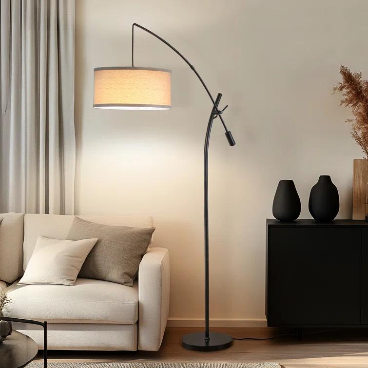 Brightech Grayson 84 in. Mid-Century Modern Height-Adjustable LED Arched Floor Lamp with Beige Fabric Drum Shade