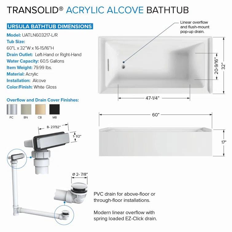 Transolid Transolid Unity AFR 60-in x 32-in x 17-in Alcove Acrylic Bathtub Kit, White UATLN603217-R-PC