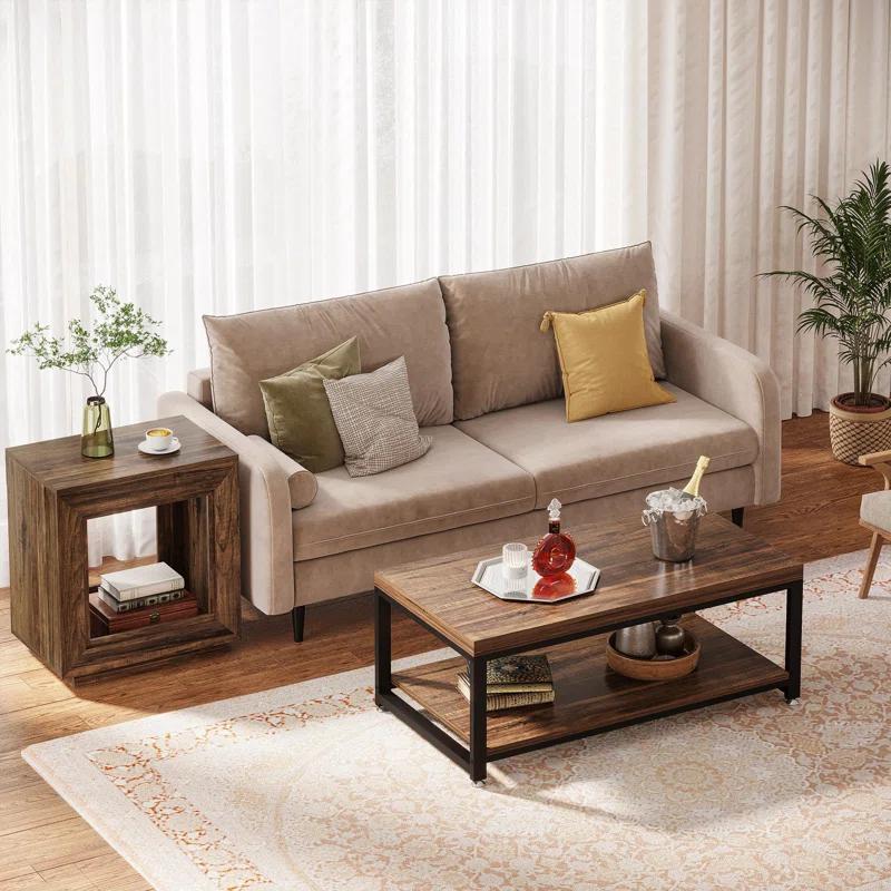 Loon Peak® Rustic Wood End Table, 2 Tiered Square Side Table With Storage Shelf, Industrial Sofa Side Table For Living Room, Entrance