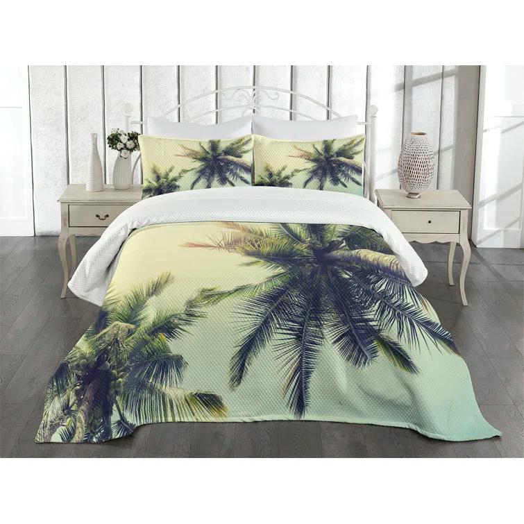 Ambesonne Ambesonne Palm Tree Bedspread Set Caribbean Coastline Ocean Pale Yellow Green Brown