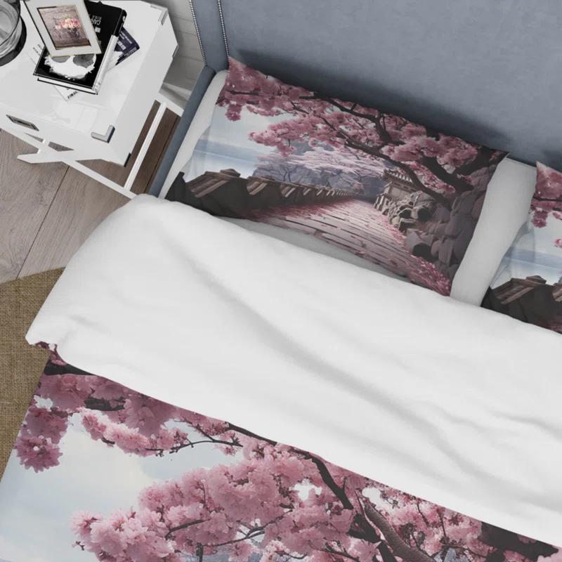 Japan Art Cherry Blossom Pink Path - Japan Art Duvet Cover Set - Microfiber Polyester