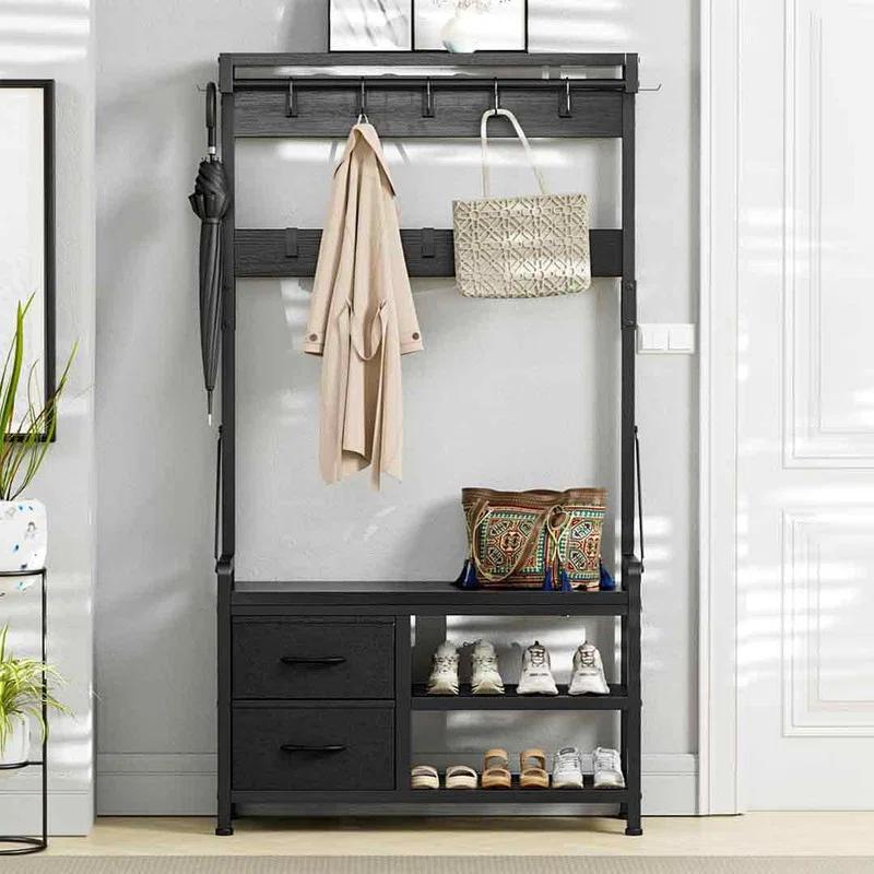 Hall Tree, 31” Entryway Bench with Coat Rack freestanding, 5 in 1 Intelligent Design Shoe Bench
