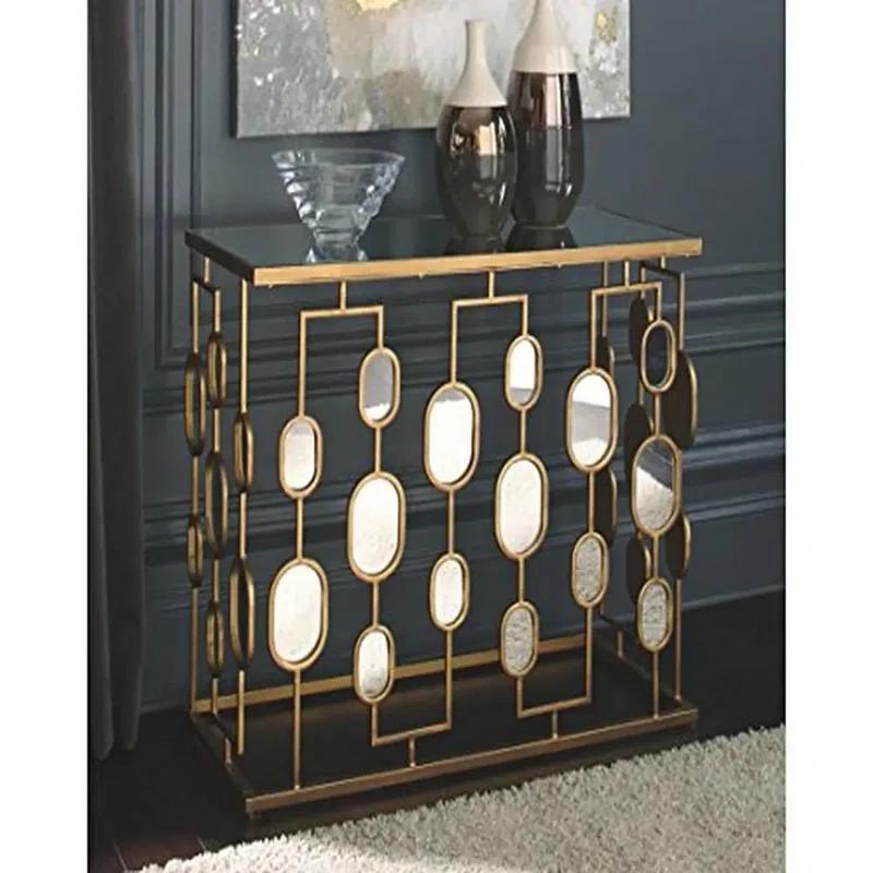 Everly Quinn Mirrored Glass Top Console Table Gold Finish