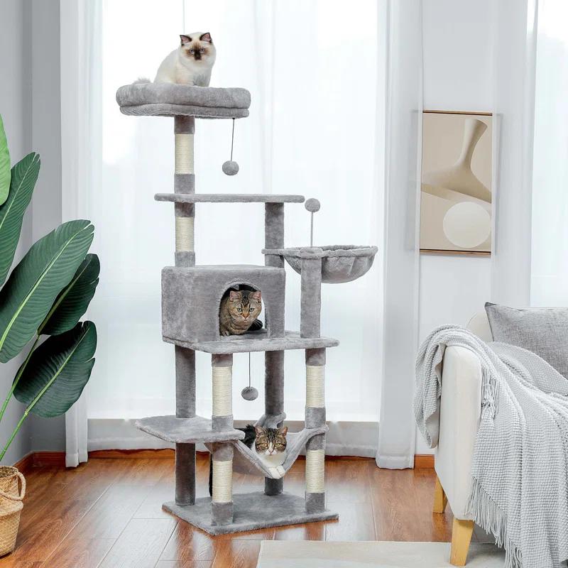 Multi-Level Cat Tree Tower With Cat Hammocks, Sisal Covered Scratching Post And Plush Top Perch