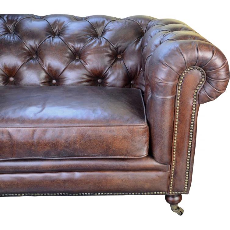 Idalia 87" Genuine Leather Rolled Arm Chesterfield Sofa with Reversible Cushions
