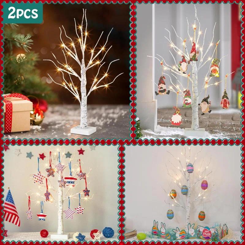 The Holiday Aisle® White Birch Tree With LED Lights - Set Of 2, LED Tabletop Tree With Timer, Christmas Decorations Lighted Tree For Indoor Mantel Home Decor (2 FT, 24 LED)