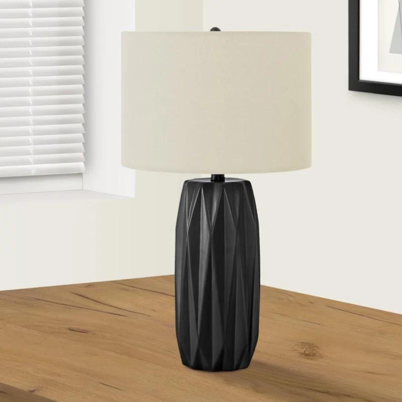 Benjara Table Lamp, 25 Inch Black Textured Ceramic Base, Ivory Fabric Shade