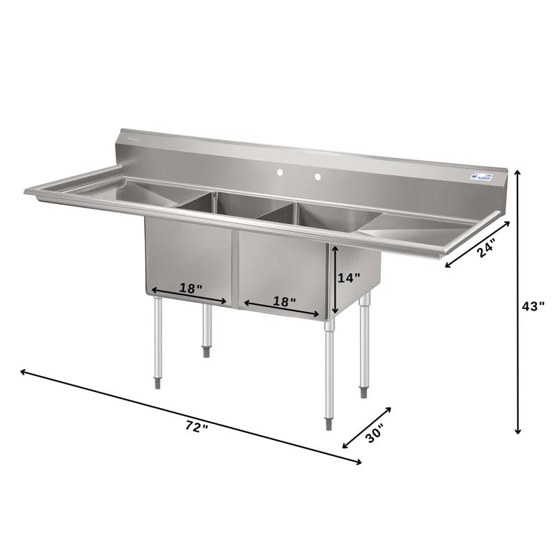 72 in. 16-Gauge Commercial Sink with Backsplash and Dual 18 in. Drainboards, Bowl Dimensions 18"x18"x14" in Stainless-Steel (KM-SB181814-18B316)