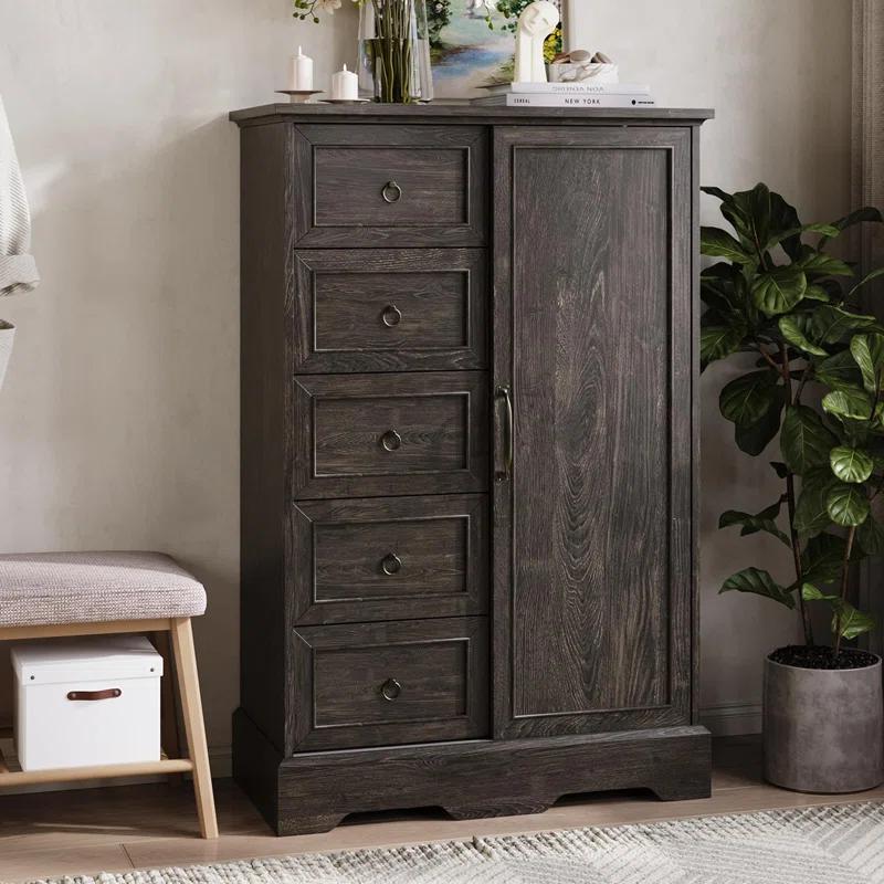 Gracie Oaks 5 Drawers Dresser With Cabinet, 48" Tall Chest, Wooden Closet Dresser With Sliding Barn Door For Living Room, Hallway