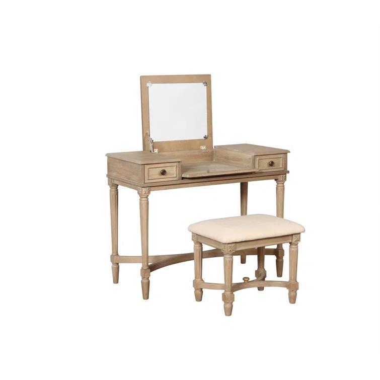 Kelly Clarkson Home June Natural Two Drawer Flip Top Vanity Set with Stool