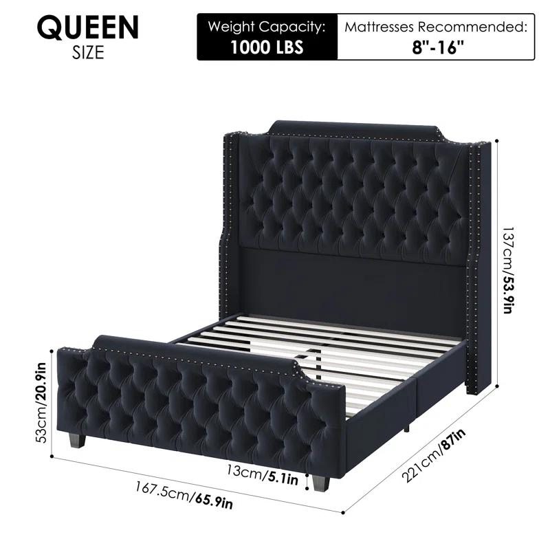 Andover Mills™ Kohlmeier Luxury Upholstered Bed, Tall Tufted Wingback Headboard with Nailhead Trim