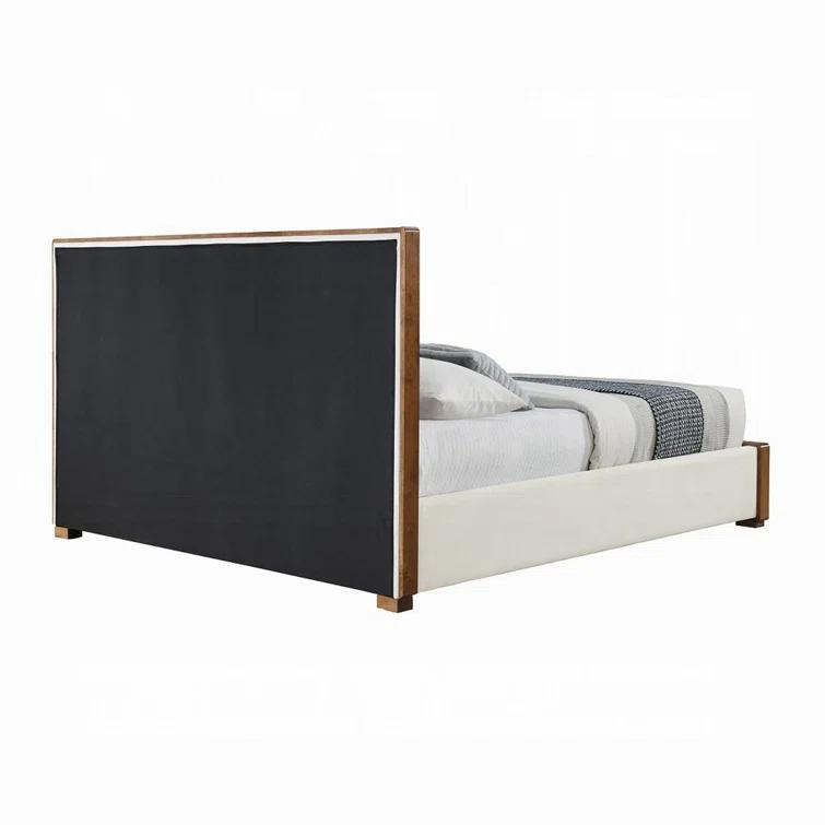 Benjara Lesa Bed, Channel Tufted Beige Chenille Upholstery, Walnut Brown