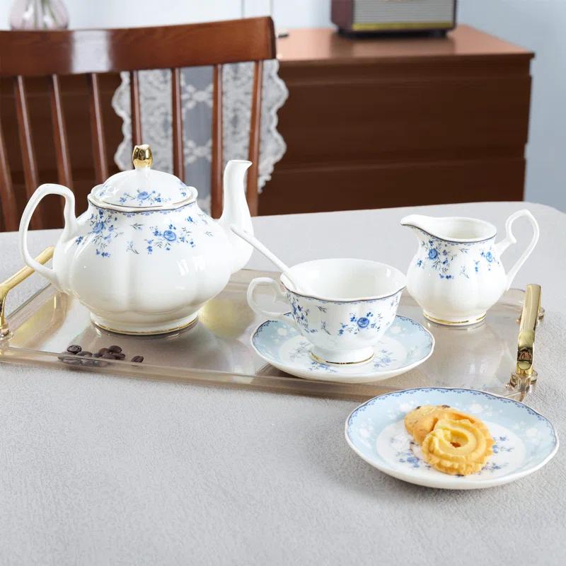 Bloomsbury Market 15 Piece Blue Rose Porcelain Tea Set, British Floral Teapot With Tea Cups, Women Tea Party Set For 6