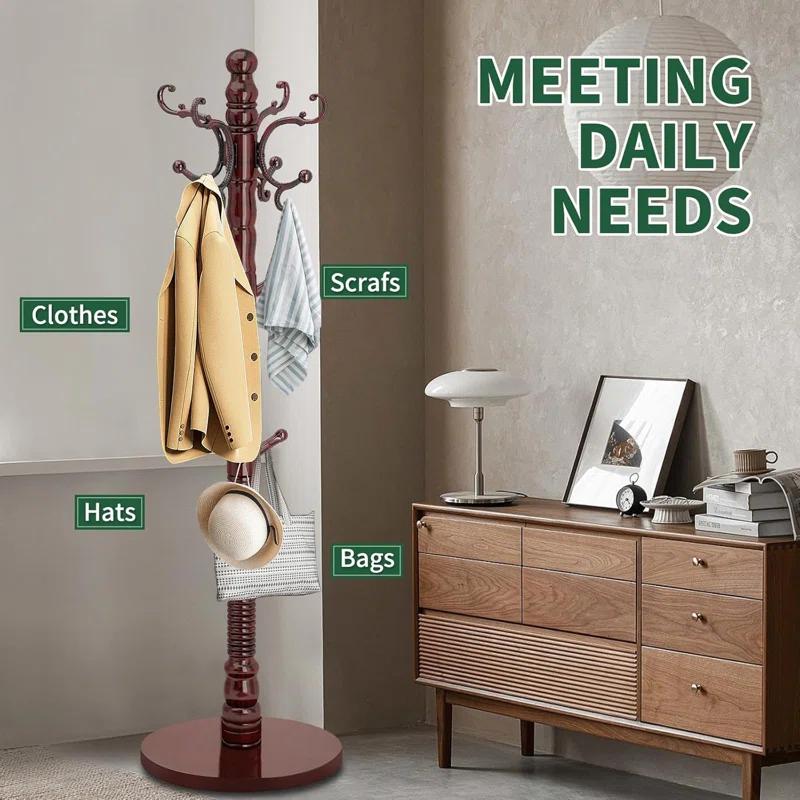 Red Barrel Studio® Wood Coat Rack Stand, Wooden Coat Rack Freestanding With Sturdy Round Base, Coat Racks With 14 Hooks, Natural Birch Wood Entryway Coat Tree Hanger Stand Easy To Assemble