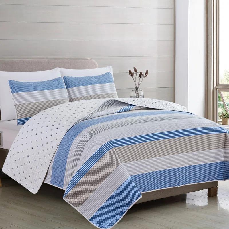 FreshFolds Blue / White / Grey Striped Reversible Quilt Set with Shams
