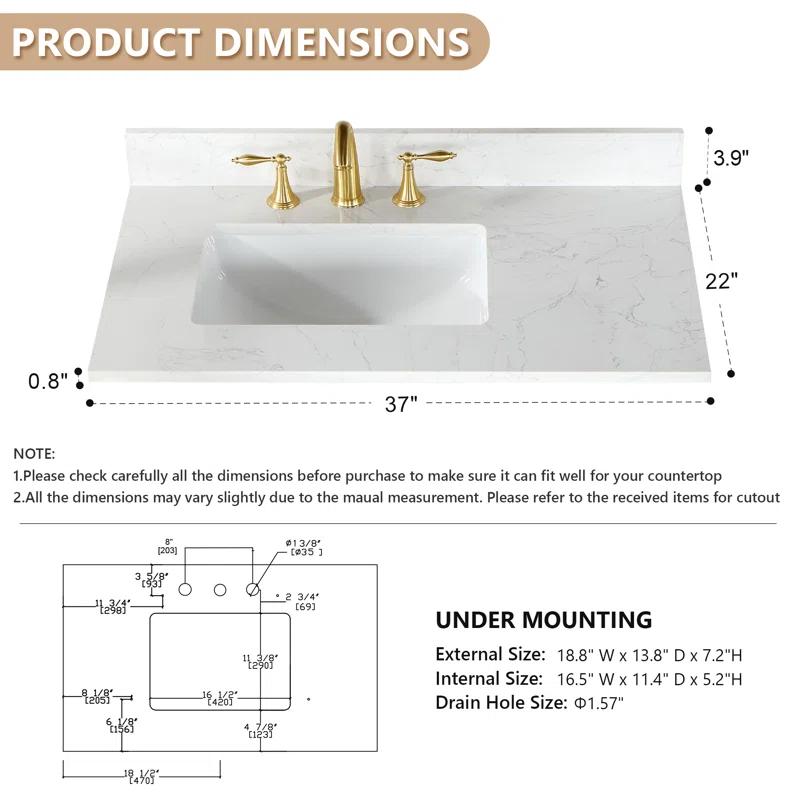 Ceres 37" Engineered Stone Single Bathroom Vanity Top with Sink