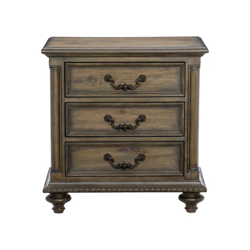 Hokku Designs Traditional Vintage Style 1pc Nightstand of 3 Drawers Metal Hardware Weathered Pecan Finish Classic Bedroom Furniture