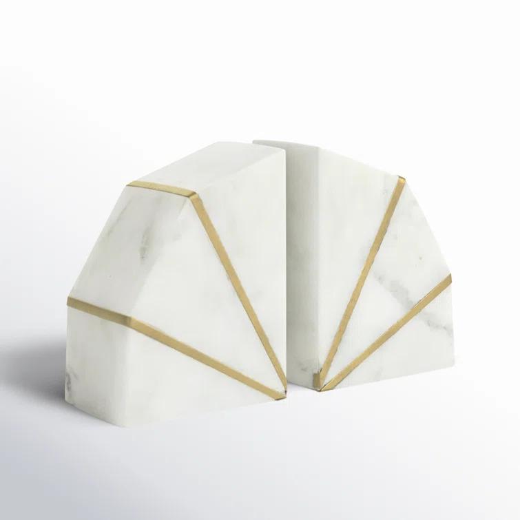 Willa Arlo™ Interiors Marble Bookends Contemporary White and Gold Accent Decorative Bookends Book Display (Set of 2)