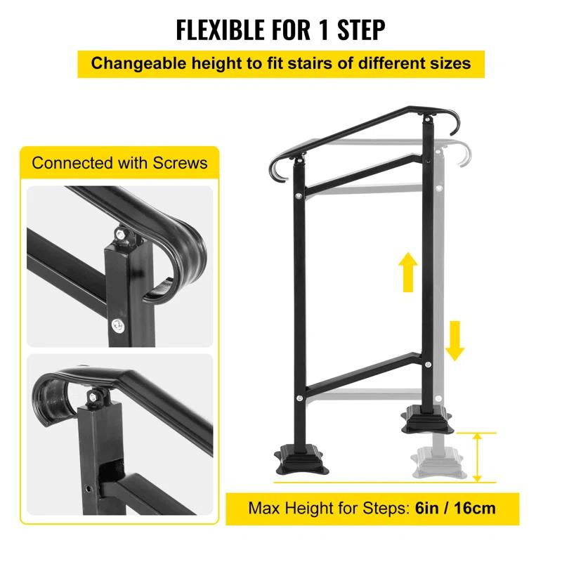 VEVOR 42.5" H x 19.7 " W x 6.3" D Adjustable Iron Handrail Black Fits 1 To 2 Steps Handrail Concrete Decor