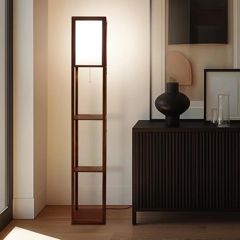 Brightech Maxwell 63" Modern LED Shelf Floor Lamp with Havana Brown Finish, 3 Tiers, and Fabric Square Shade, Bulb Included
