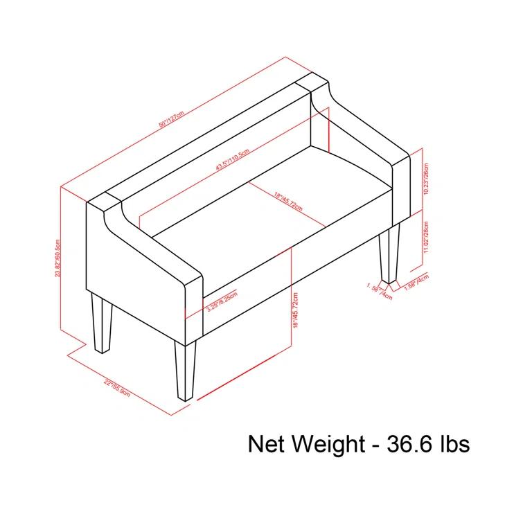 Simpli Home Parris 50"W Upholstered Contemporary Fabric Entryway Bench with Low-Profile Back and Swooped Arms
