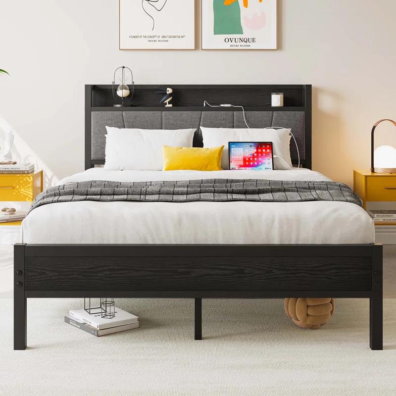Bed Frame, Storage Headboard with Charging Station