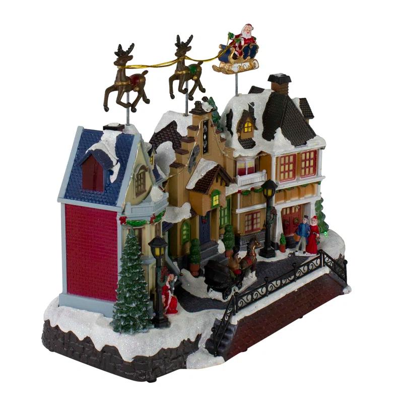 Northlight Seasonal 16" White and Brown LED Lighted and Animated Christmas Village with Flying Sleigh Tabletop Decor
