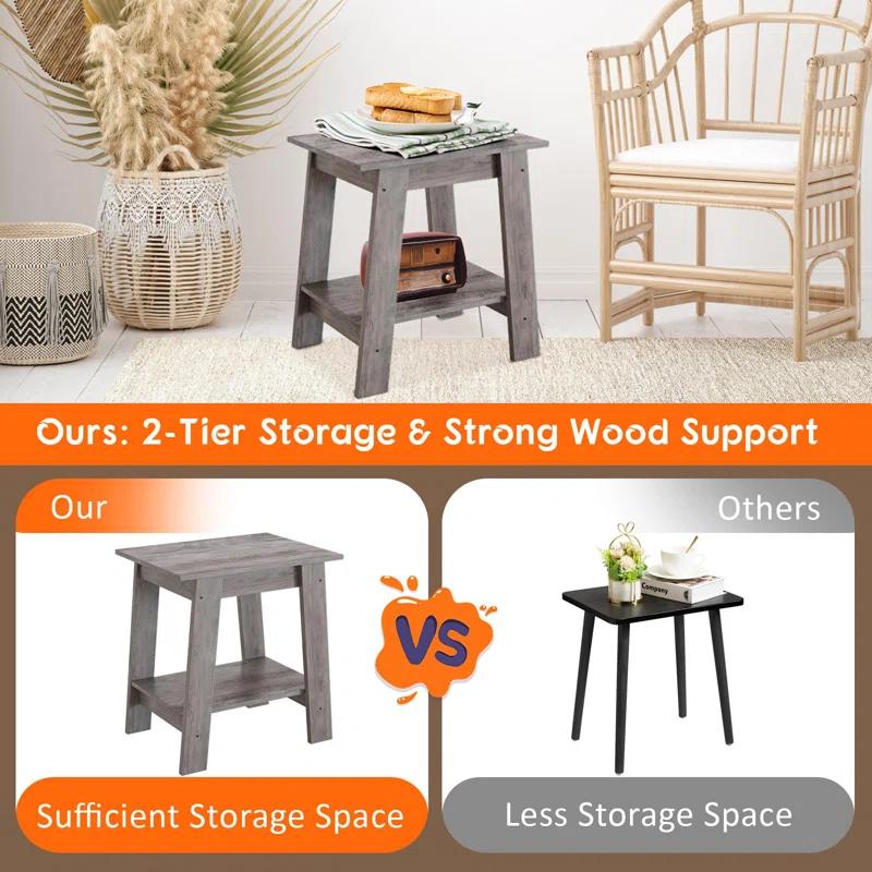 Gracie Oaks End Table, Small Side Table, Nightstand With 2-Tier Storage Shelf, Wood Bedside Table, Narrow Side Table Living Room, Side Table For Small Spaces, Bedroom, Entryway, Farmhouse, Grey