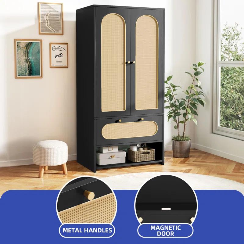 Bay Isle Home™ Modern Rattan Armoire Closet with Doors, Drawer, and Hanging Rod