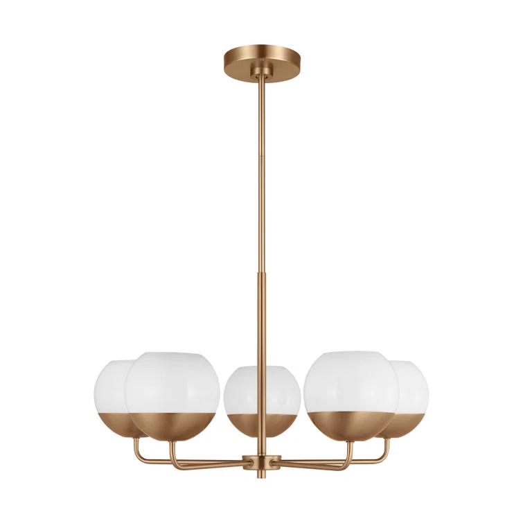 Alvin Satin Brass Midcentury 5-Light Chandelier with Milk Glass Shades