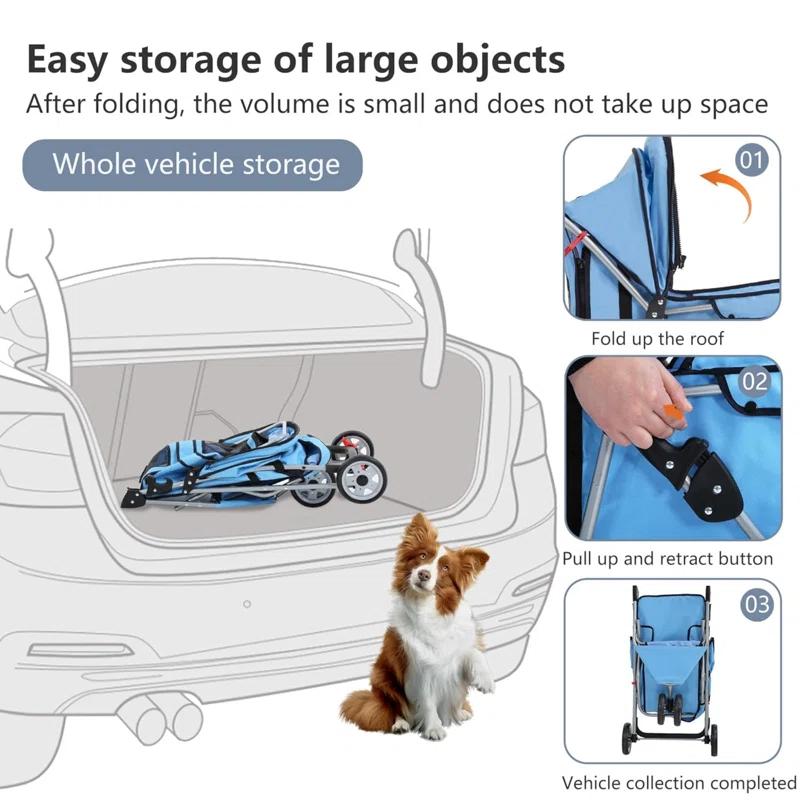 ToccoLeggero Pet Stroller Foldable Dog Stroller 3-Wheel Durable Cat Jogger Stroller For Small And Medium Dogs Cats With Washable Liner Storage Basket Cup Holder