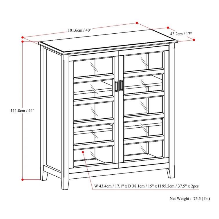 Simpli Home Burlington 40"W Solid Wood 4-Shelf Medium Storage Cabinet with Tempered Glass Doors and Adjustable Shelves