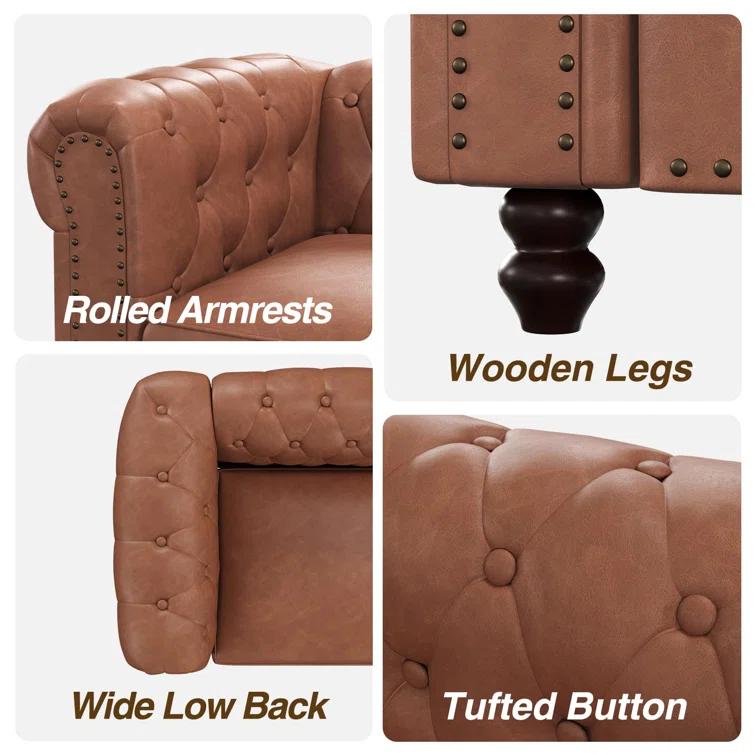 Alcott Hill® 72 Inch Couch Chesterfield Leather Sofa With Wooden Legs