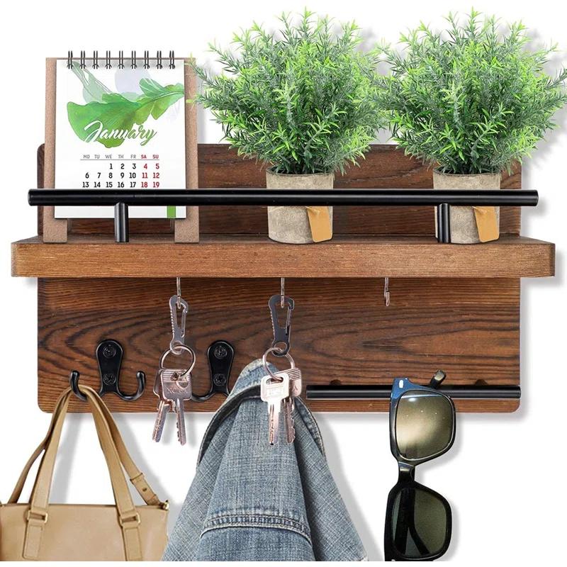 MAXAYA Mail Key Holder For Wall Decorative, Wooden Mail Organizer Wall Mount With 5 Key Hooks, Wood Key Hangers For Wall With Mail Key Rack, Rustic Mail Sorter For Entryway Office Hallway Home Decor